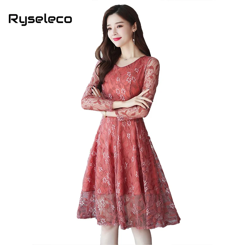 

Women 2018 Autumn Plus size Lace Dress Ladies Runway Vintage Slim Sexy Floral Crochet Flower Long Sleeve Flare Big Party Dresses