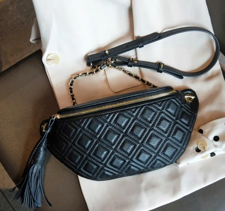 black Fashion Tassel Waist Packs Genuine Leather Crossbody Bags For Women Chest Bag Luxury Handbags Women Bags Designer Ladies Purse - Цвет: black