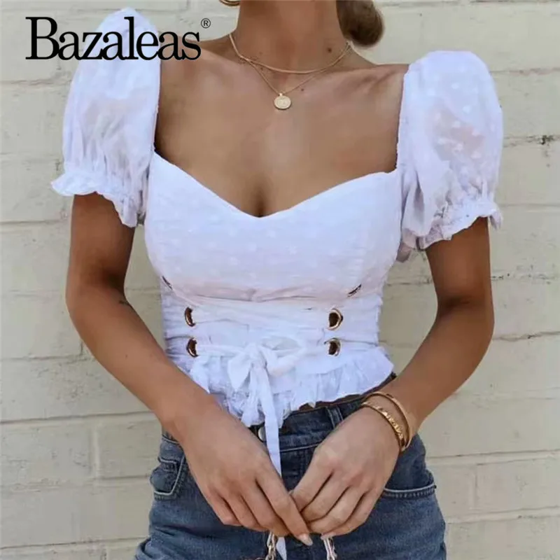 Винтажная белая бандажная женская блузка Bazaleas кружевная приталенная в стиле