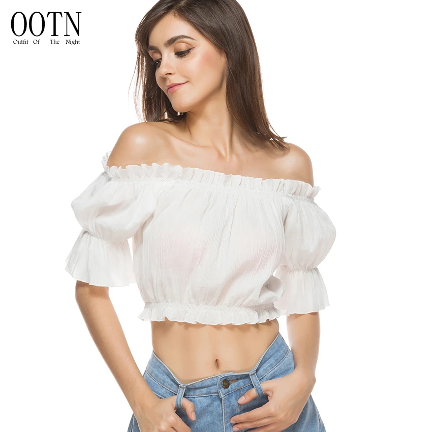 OOTN Для женщин с открытыми плечами Топы Sexy оборками эластичные живот Твердый Топ