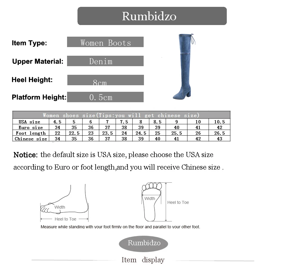 Rumbidzo/Новинка года; женские ботинки; синие джинсы; женские ботфорты; джинсовые сапоги на высоком массивном каблуке со шнуровкой; квадратный каблук