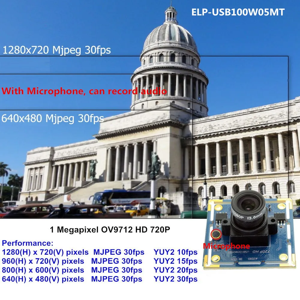 720P OV9712 CMOS сенсор 1280x720 Mjpeg 30fps Аудио микрофон usb видео камера модуль мини видеокамера