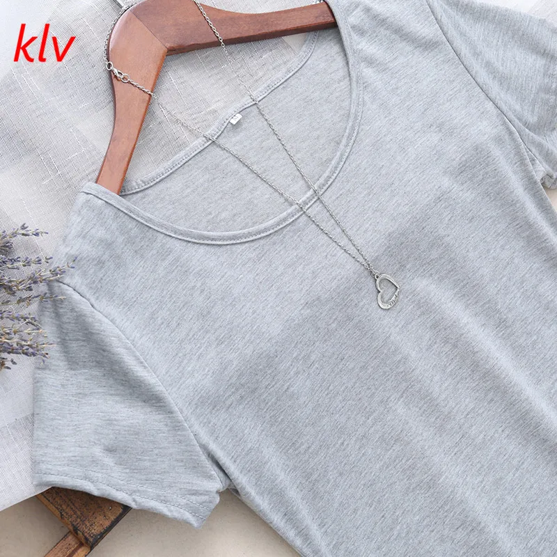 

KLV 2017 new fashion women summer T-shirt ladies sexy casual solid color short sleeve Simple and stylish office T Shirt