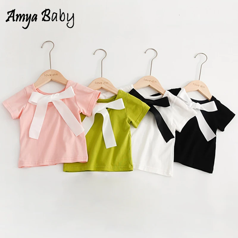 AmyaBaby/топы для девочек лето 2019 Однотонная футболка с бантом модная одежда