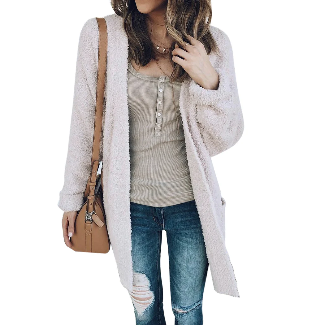 New Spring Autumn Fluffy Cardigan Women Sweater Teddy Fleece Loose Coat Sweaters Winter Plush Long Sleeve Pockets Ladies Jackets |