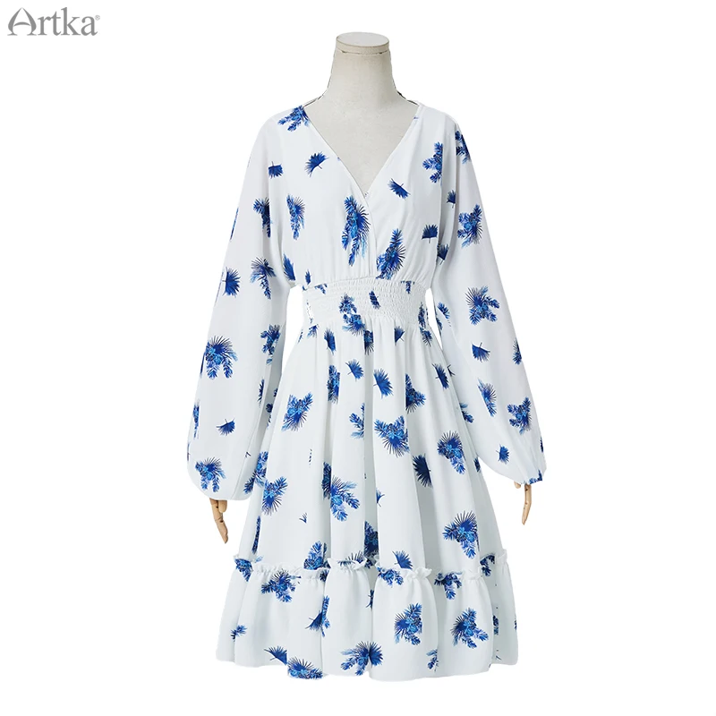 ARTKA, летнее женское платье, высокая талия, шифоновое платье, элегантное, с принтом, эластичная талия, платье с v-образным вырезом, рукав-фонарик, платье LA15591X