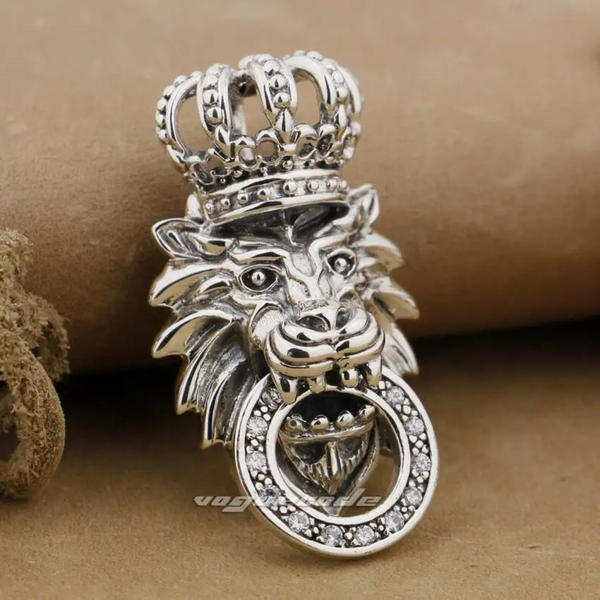 LINSION 925 пробы серебро белый CZ камень Король Лев Корона Мужская Байкер рок панк кулон 8P026|stone lion pendants|lion pendants