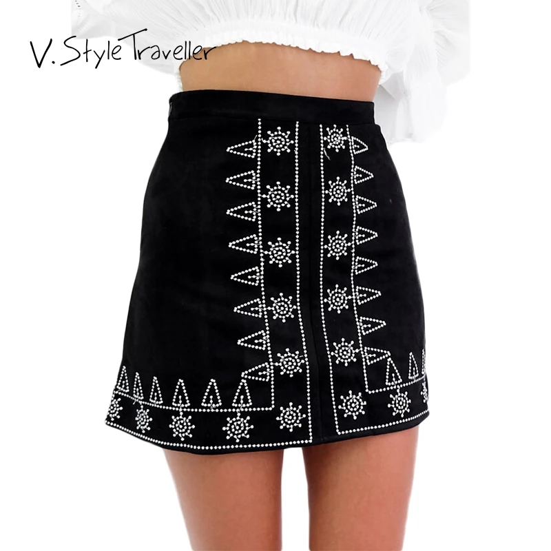 Юбка из искусственной замши с вышивкой Женская Сексуальная Повседневная vestido de