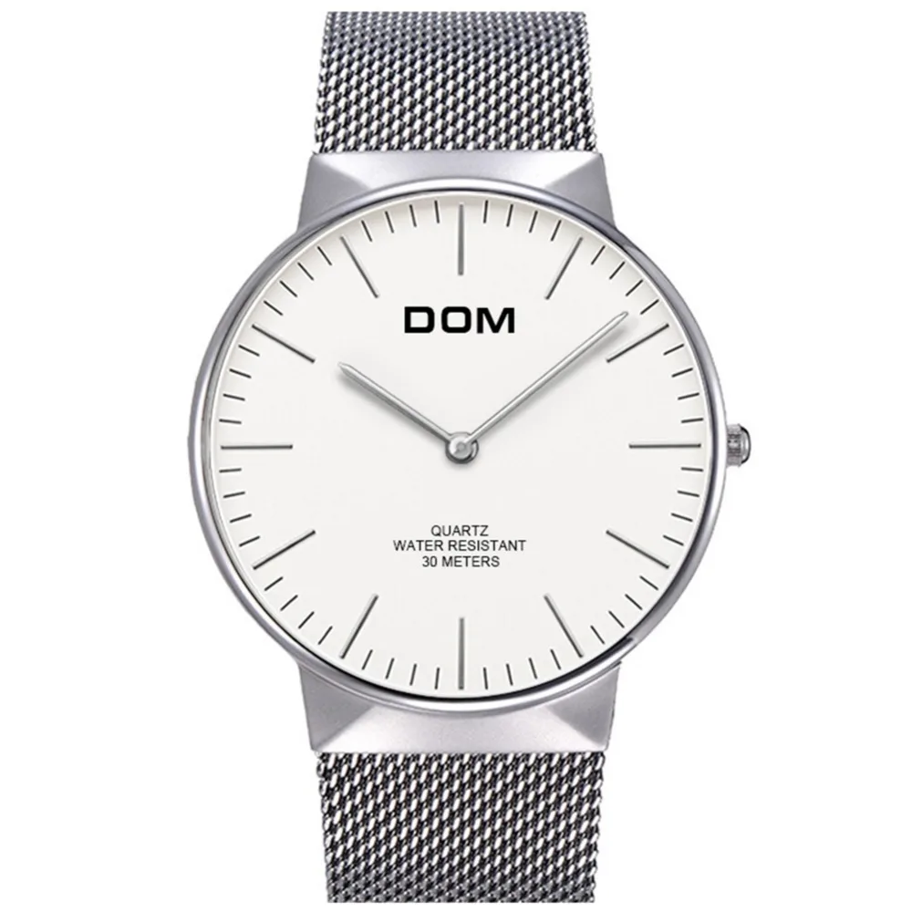 Модные мужские кварцевые часы DOM бренд Простой стиль наручные из нержавеющей