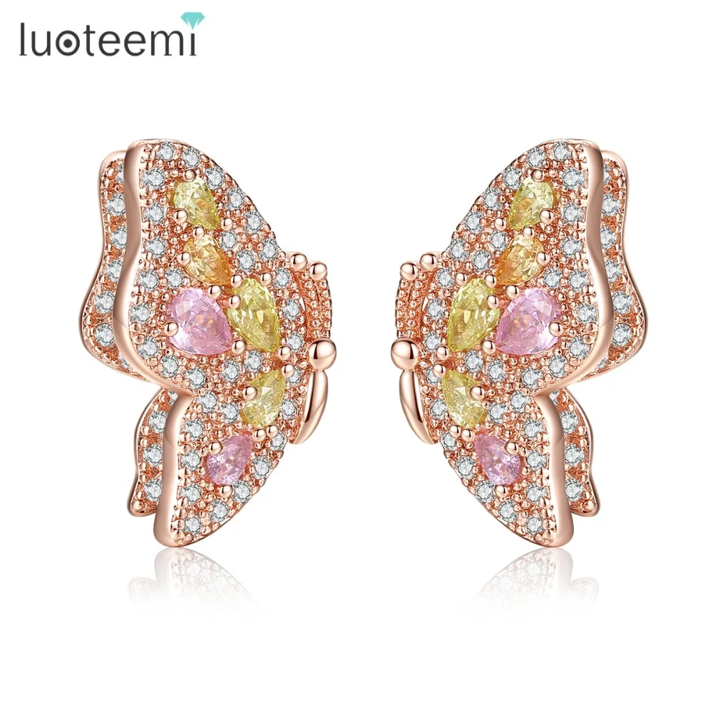 Роскошные серьги гвоздики LUOTEEMI в богемном стиле с бабочкой и цветным кубическим