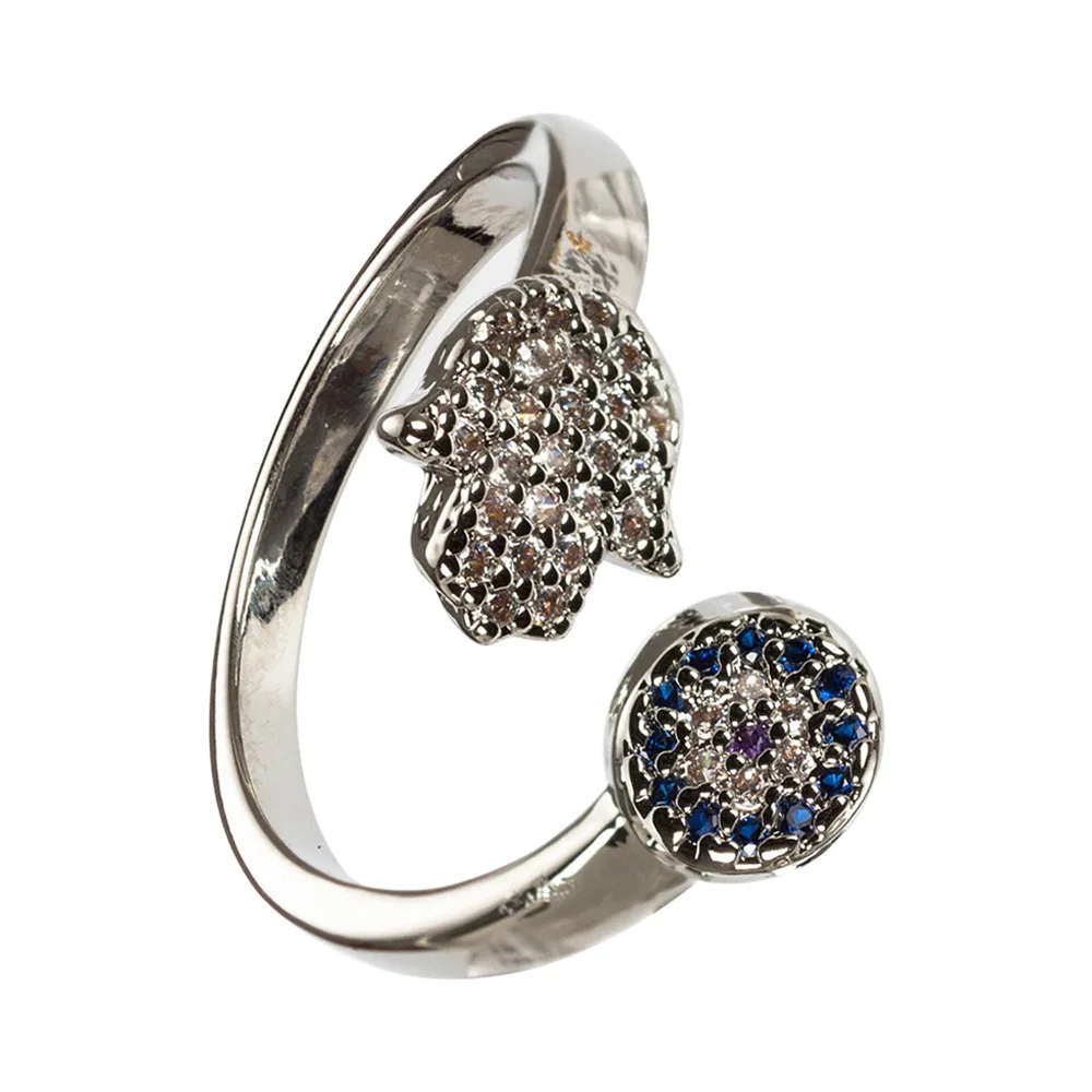 silver Lucky Eye Hamsa ручные кольца Evil Eye открытое медное микро кольцо с фианитами для женщин Ювелирное Украшение регулируемое кольцо EY5177 - Цвет основного камня: silver