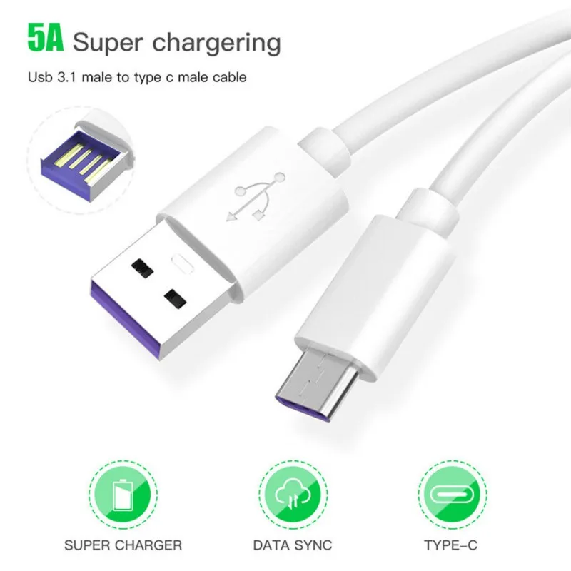 Супер зарядный шнур 5A с интерфейсом USB 3 1 Type C для Huawei Mate 9 10 P10 P20 pro Honor V10 Nova 2s