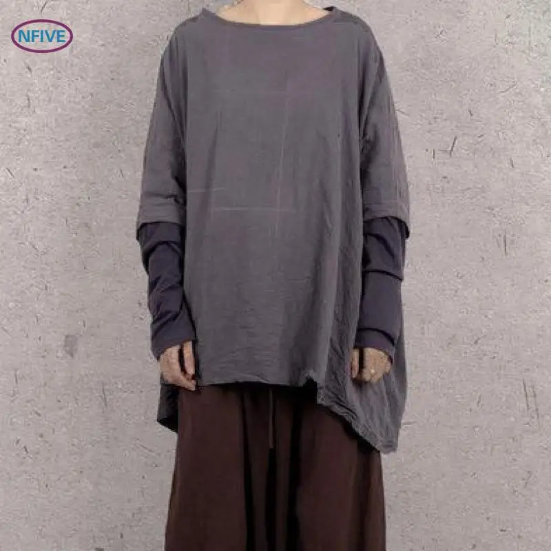 Женская свободная Однотонная рубашка NFIVE серая Повседневная из хлопка с эффектом