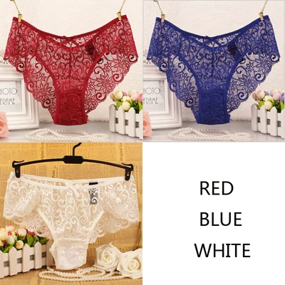 redbluewhite JERRINUT, 3 шт., сексуальные кружевные короткие женские трусы, Прозрачное нижнее белье для женщин, низкая талия, хлопок, дышащие женские трусы - Цвет: redbluewhite