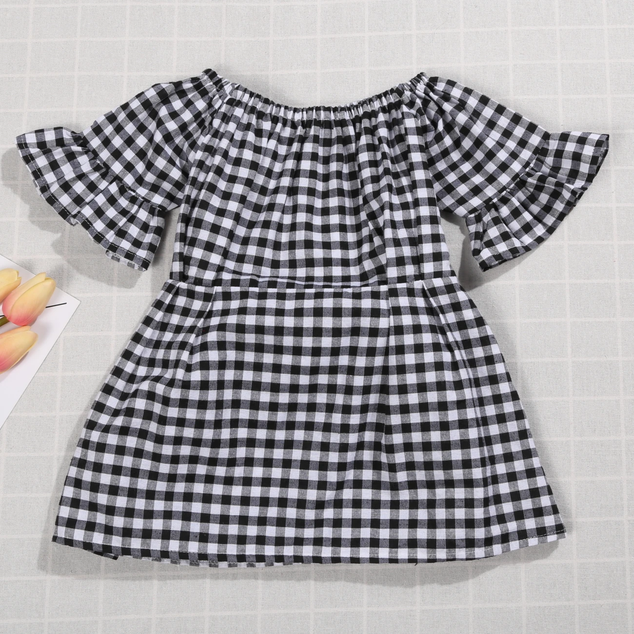 2018 Brand New Summer Toddler Baby Girl Sweet Dress Off Shoulder Flare Sleeve Ruffles Bow Plaid A-Line Knee-Length 2-6Y | Детская одежда
