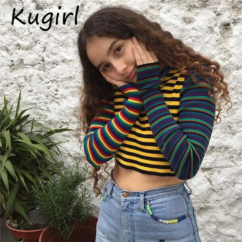 Женская футболка в цветную полоску Kugirl облегающая укороченная с длинными