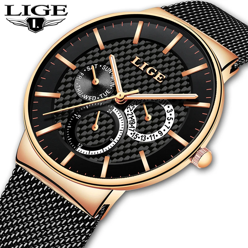 Часы LIGE мужские с хронографом брендовые Роскошные ультратонкие модные