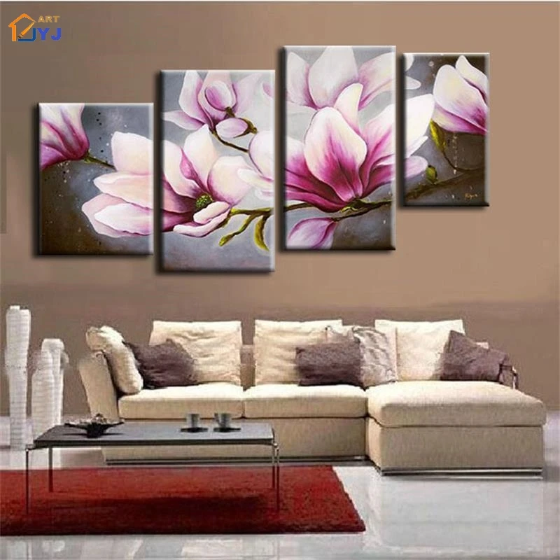 Картина с розовыми цветами 4 панели модульная Современная картина маслом ручной