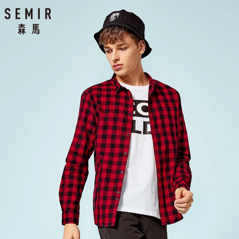 Мужская рубашка в клетку SEMIR из 100% хлопка с отложным воротником мужская длинными