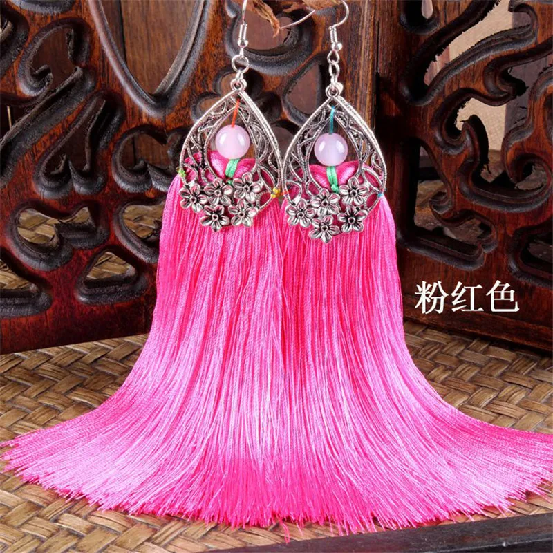 pink AINILIDAN этнические ювелирные изделия, серьги ручной работы из тибетского серебра, длинные шелковые серьги с длинными кистями, модные Висячие женские аксессуары - Окраска металла: pink