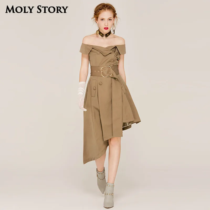 

Super! Elegant Ladies Khaki Dress Belt Strapless Party Dresses Slim Robe Femme Formal High Low Dress Women