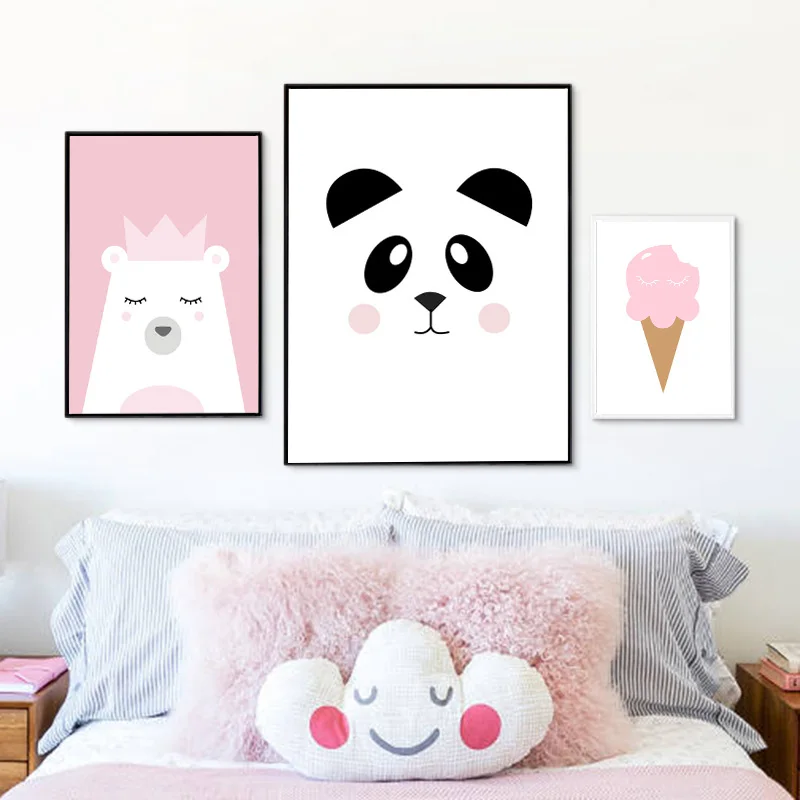 

Cartoon Posters and Prints Crown Bear Panda Ice Cream Canvas Painting Pink Baby Girl Wall Art Decoration Pictures Kid Room Decor