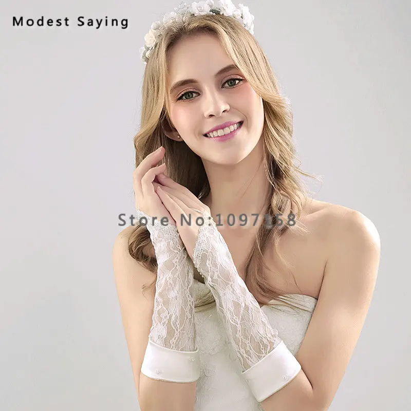 2 Pairs Fingerless Beaded Lace Wedding Gloves 2018 Opera Length Tulle Bridal Accessories detalles boda In Stock | Свадьбы и