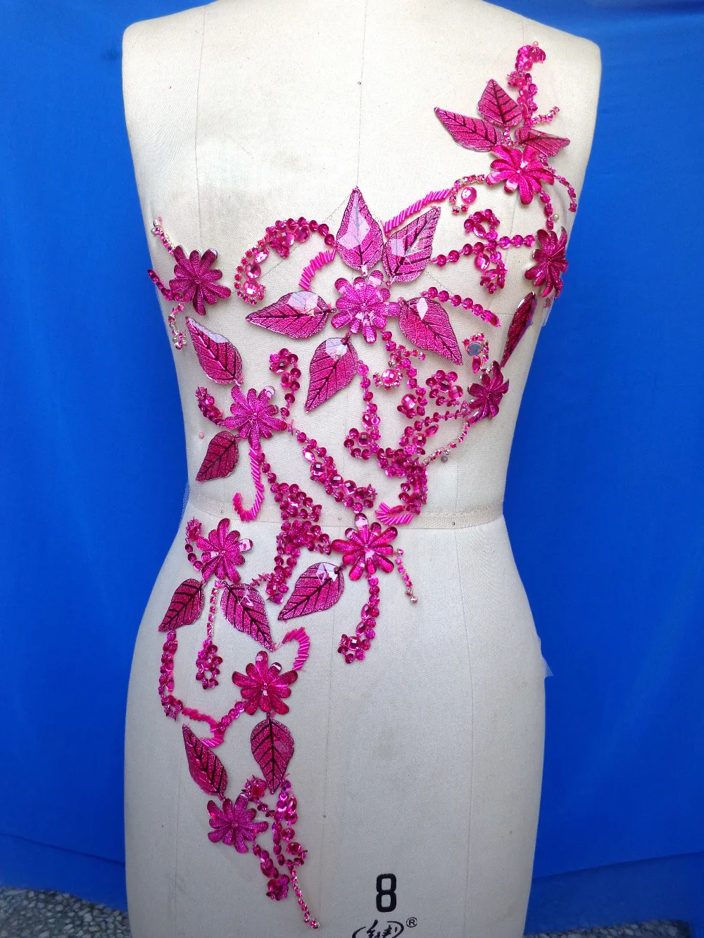 

Pure handmade crystals trim patches rose red colour sew on Rhinestones sequins beads applique 60*29cm for top dress skirt