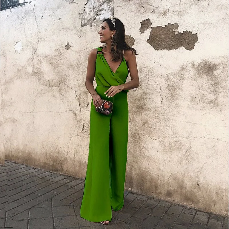 

Irregular Buckle Strap Wrap Wide Leg Jumpsuit Women Sexy V Neck Jumpsuit Nice Vogue Fashion Club Party Overalls Elegant Romper