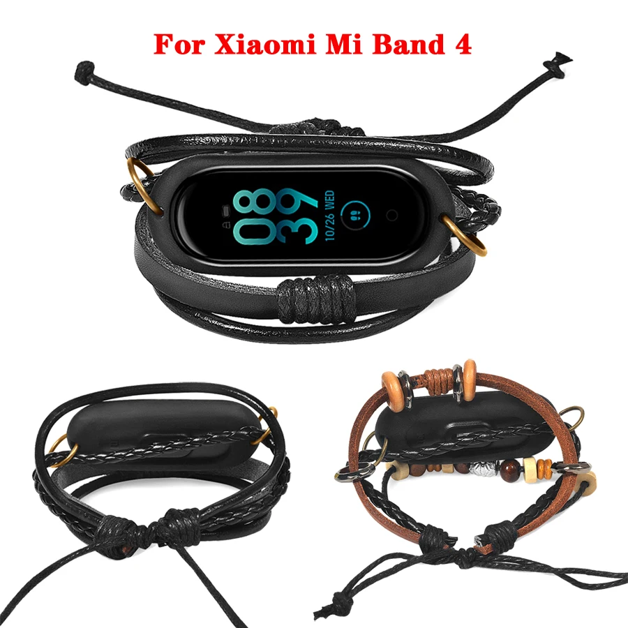 Ремешок кожаный плетеный в стиле ретро для Mi Band 4 браслет Xiaomi аксессуары часов Miband
