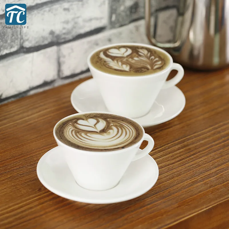 

European Coffee Cup Set Combination Pattern Pull Flower Contest Inverted Cone Brief Pure White Handle Office Coffeware Ceramic