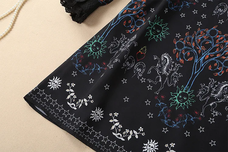 Винтаж Короткие женское платье черный кружева с цветочными рисунками оборки