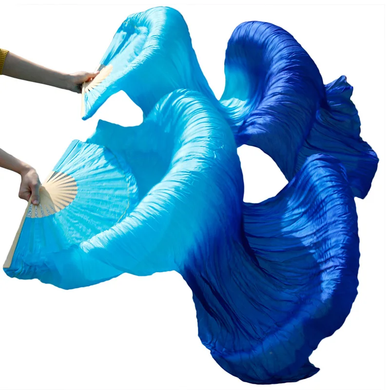 Stage Performance 100% Silk Belly Dance Fans Gradient Colour Accessories Dancing turquoise+ royal blue | Тематическая одежда и