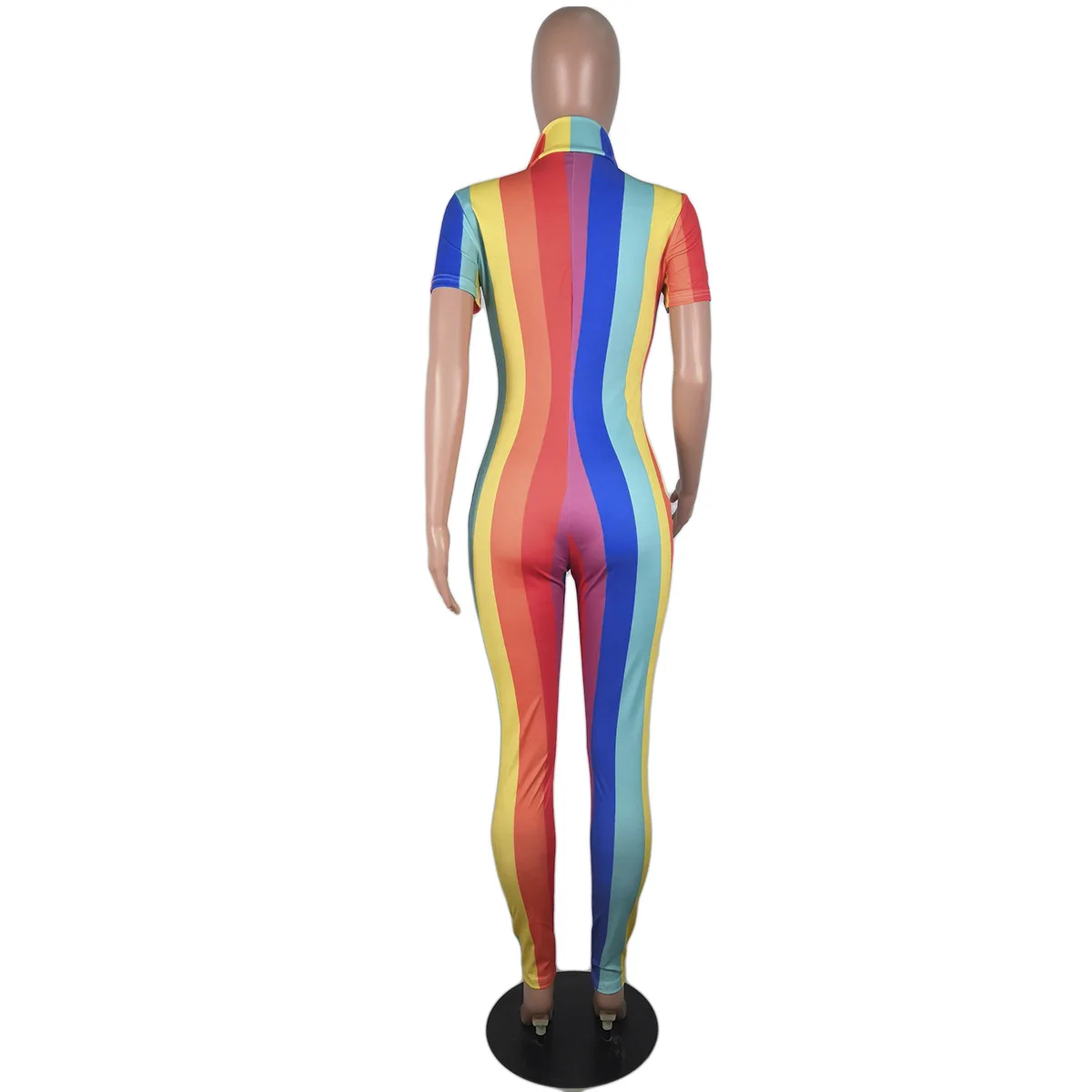 Rainbow Striped Rompers Womens Jumpsuit Summer Front Zipper Short Sleeve Bodycon Overall Streetwear Deep V Neck Skinny Bodysuits
