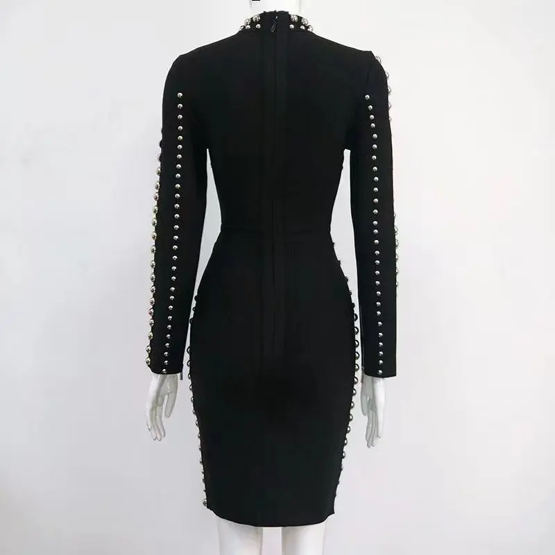 

High Quality Celebrity Long Sleeve Black Beading Rayon Bandage Dress Bodycon Evening Party Dress