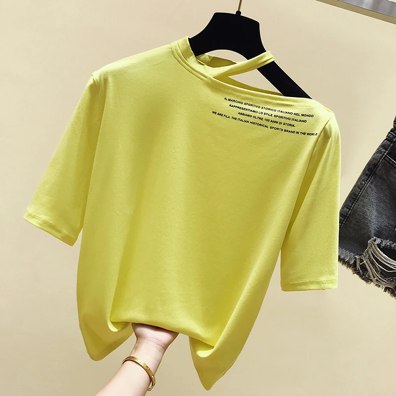 Женская футболка с вырезом белая хлопковая коротким рукавом летняя желтая 2019 |