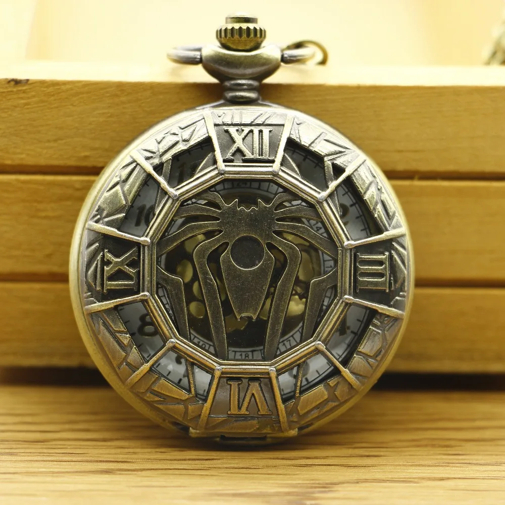 EW прибытие Бронзовый Человек-паук Pattern Hollow кварц карманные часы паук Mark Для