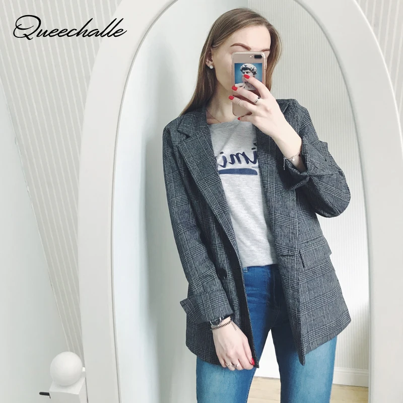 XL, XXL, 3XL, 4XL, 5XL, осень размера плюс, клетчатый блейзер для женщин, формальный свободный пиджак, пальто, офисный женский костюм с длинным рукавом, блейзер серого цвета