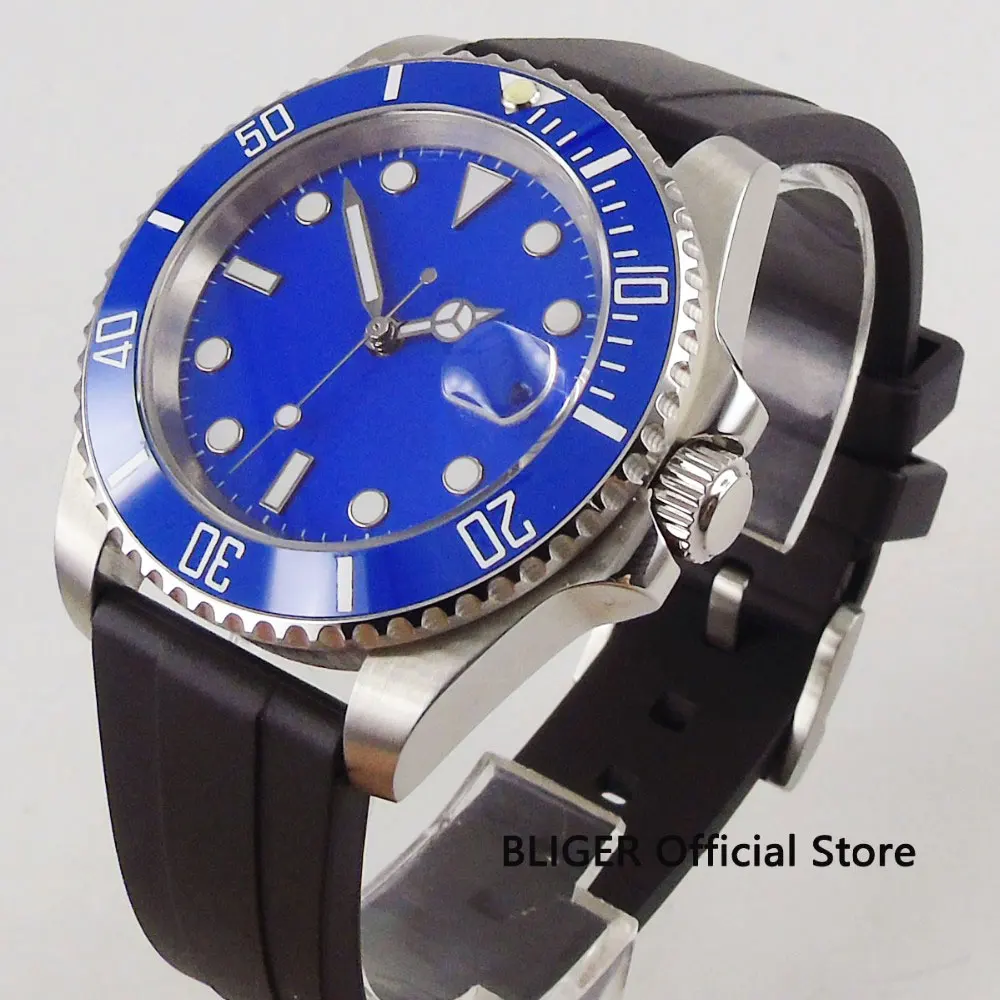 Fashion Dress 40mm Blue Sterile Dial Ceramic Bezel Automatic Men s Watch With Auto Date Sapphire Glass Rubber Strap