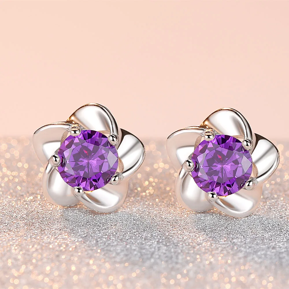 Purple Изысканные серьги в форме цветка из циркония, изысканные маленькие хрустальные серьги для женщин, Свадебные обручальные ювелирные аксессуары - Окраска металла: Purple
