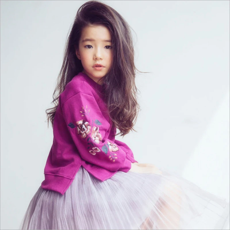 Блузка для девочек с цветочной вышивкой + юбка в сеточку комплекты одежды Новинка