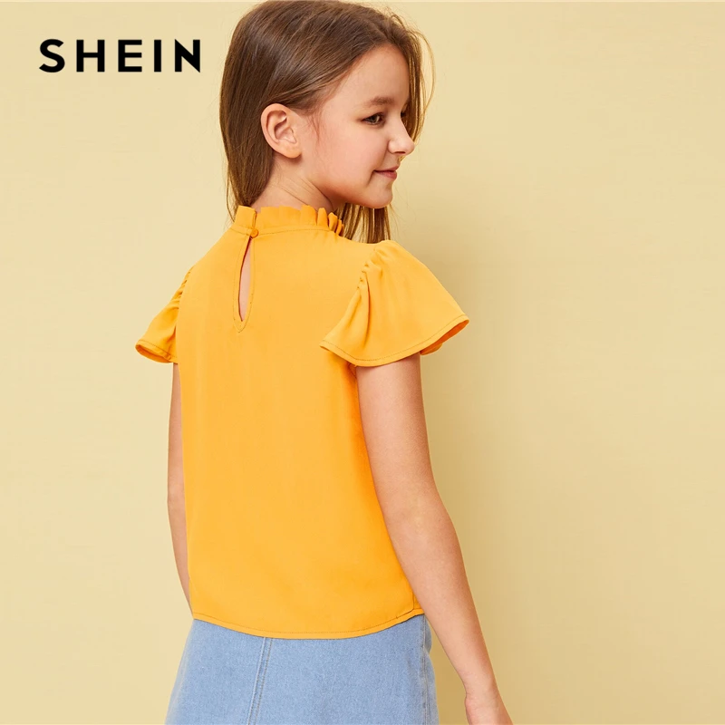 SHEIN детский для девочек имбирь твердых со стоячим воротником жабо милая блузка детская одежда с оборками рукавом гофрированное, с пуговицами сзади Топы