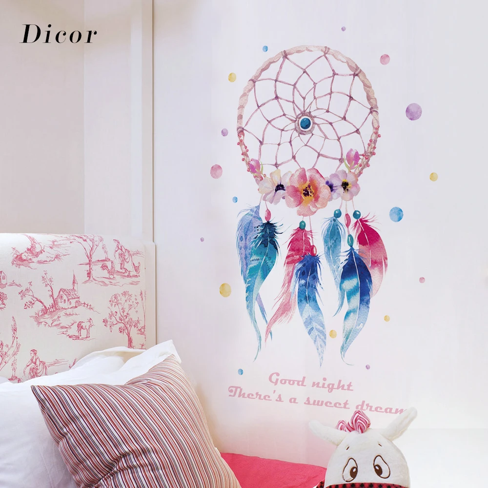 Ловец снов стикер на стену Разноцветные перья Настенный декор ручной работы