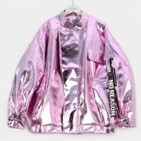 2019 autumn jacket women street plus size loose metal color pink purple silver stand neck coat party fashion female outer pj500