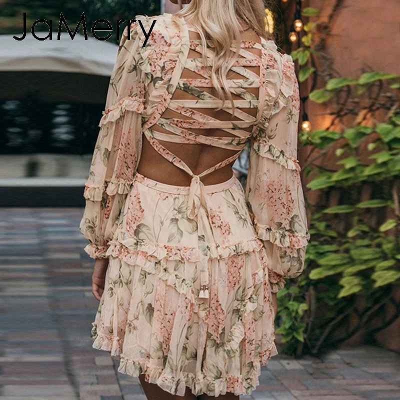 JaMerry Boho Цветочный Принт Бандажное шифоновое платье на шнуровке женские летние