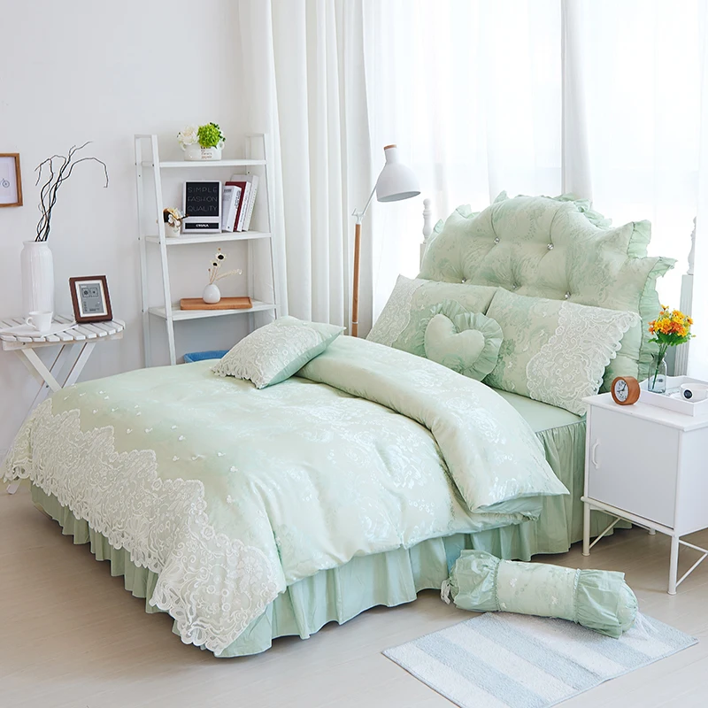 2019 White green princess style 100% Cotton lace jacquard luxury wedding Bedding Set Duvet Cover Bed Linen skirt Pillowcases | Дом и сад