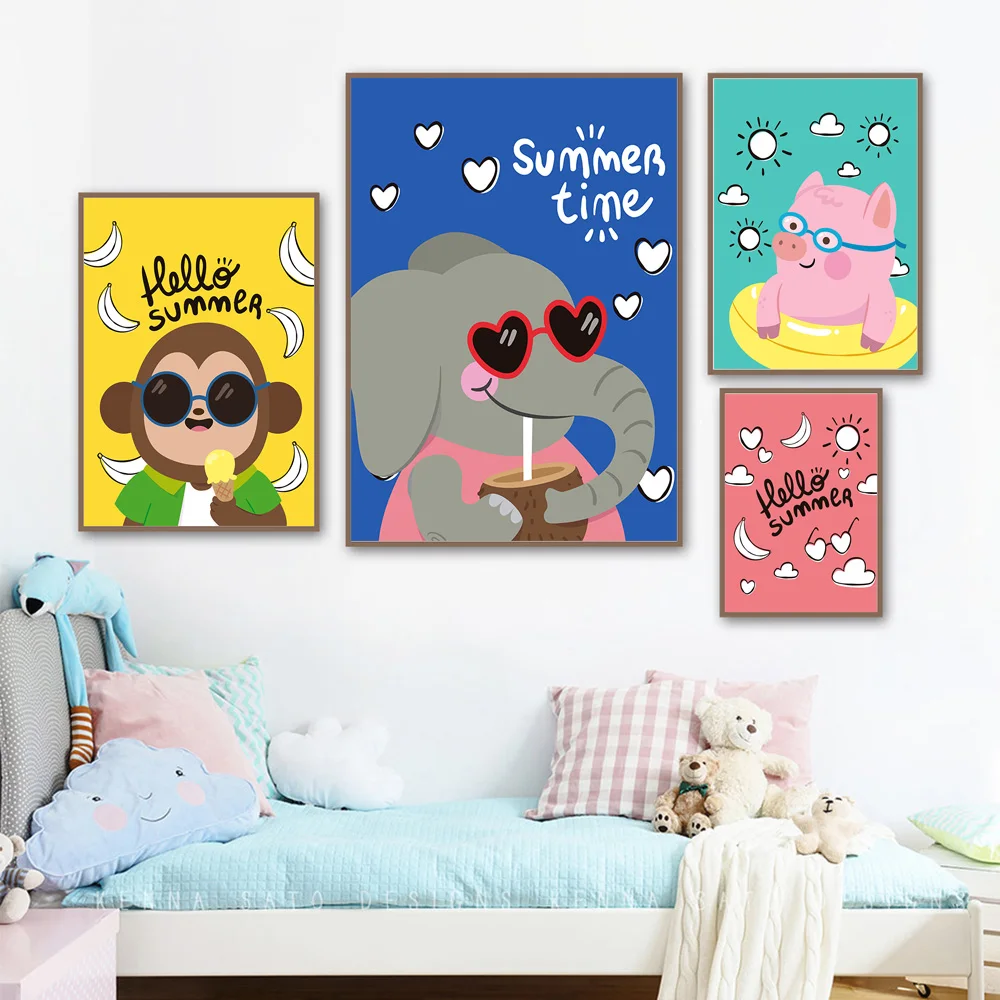 

Cartoon Monkey Elephant Banana Hello Summer Nordic Posters and Prints Wall Art Canvas Painting Wall Picture Baby Kids Room Decor