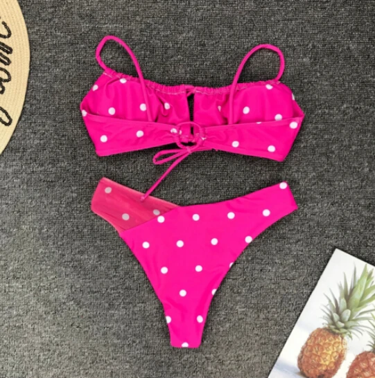 Женский купальник из двух частей летний сексуальный в горошек со шнуровкой