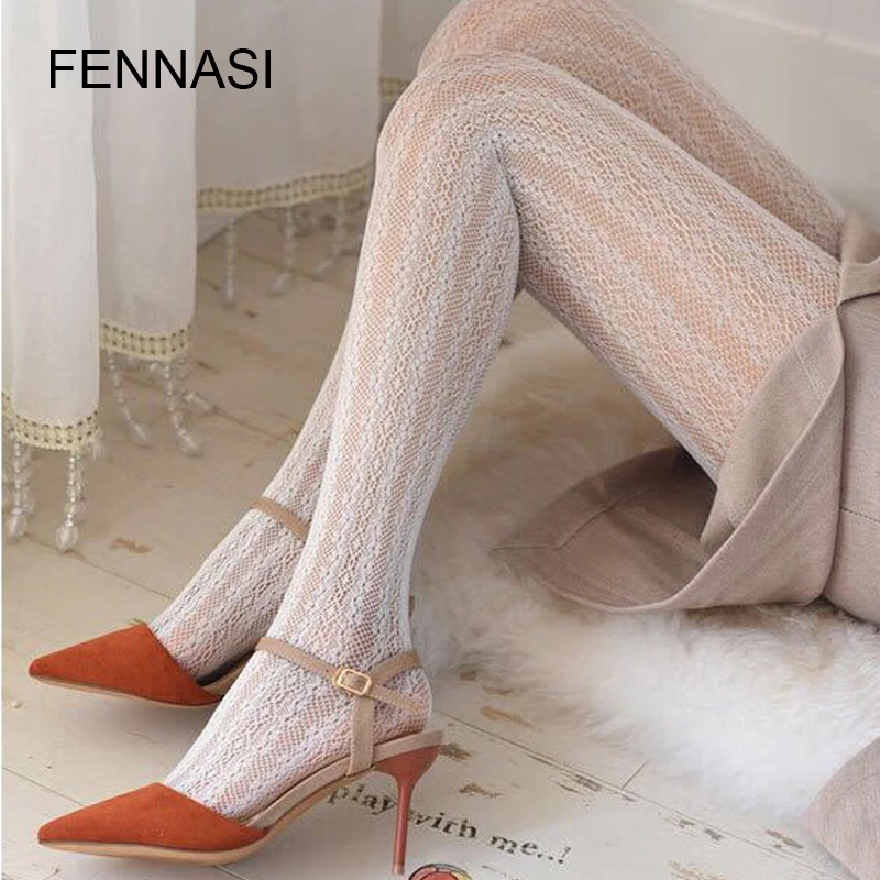 

FENNASI Women's Lace Classic Stockings Sexy Milky White Pantyhose Thin Cute Floral Pattern Hollow Out Tights Girls Hot Stockings