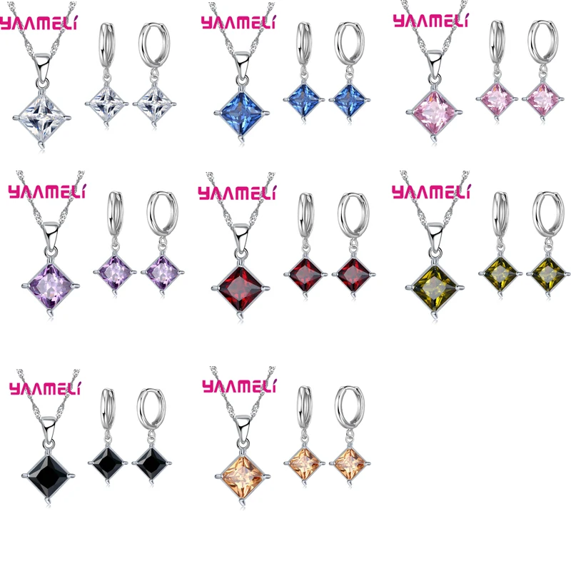 Кулон и серьги из серебра 925 пробы с квадратными фианитами|jewlery sets|necklace and